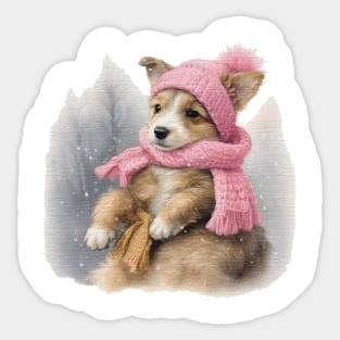 Adorable cute puppy wearing a pink hat and scarf Sticker